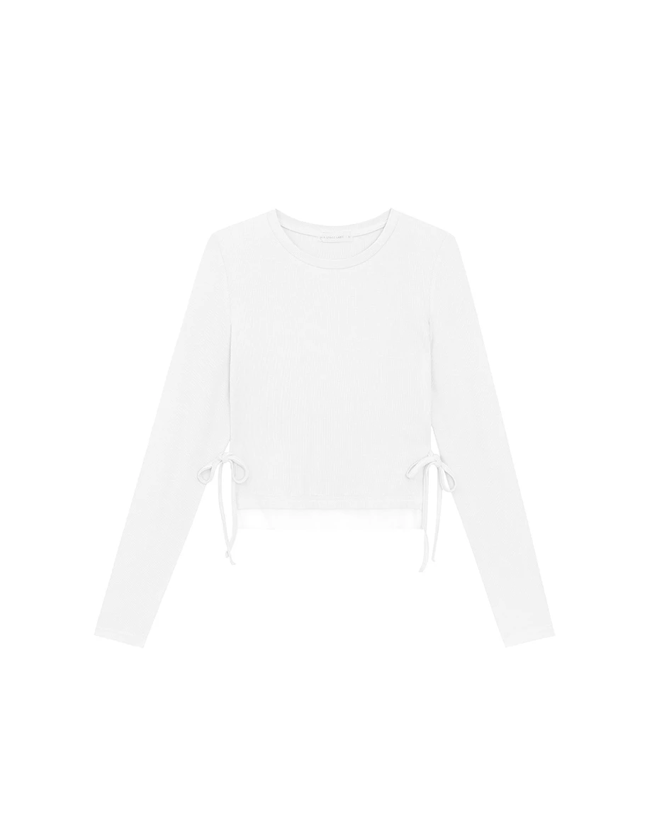 Round Neck Soft Ribbed Knit Top with Side Drawstring Detail