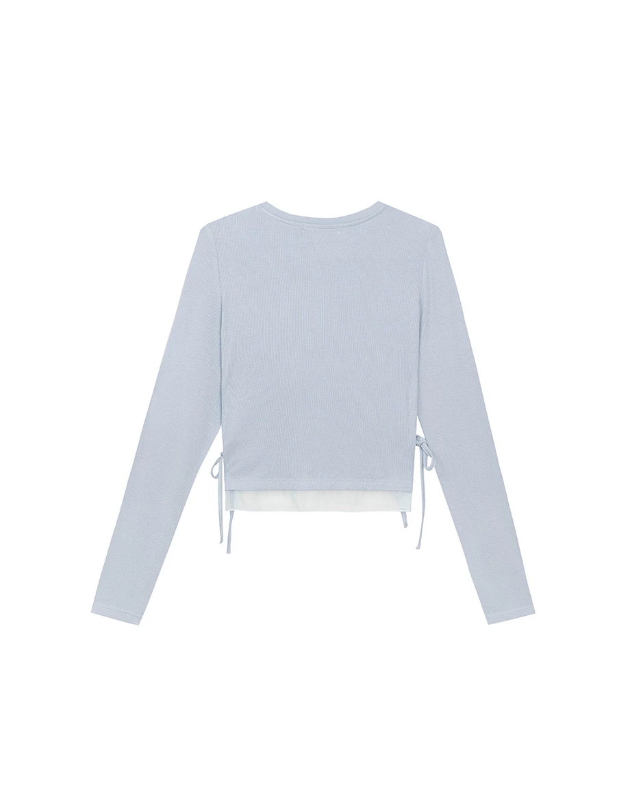 Round Neck Soft Ribbed Knit Top with Side Drawstring Detail