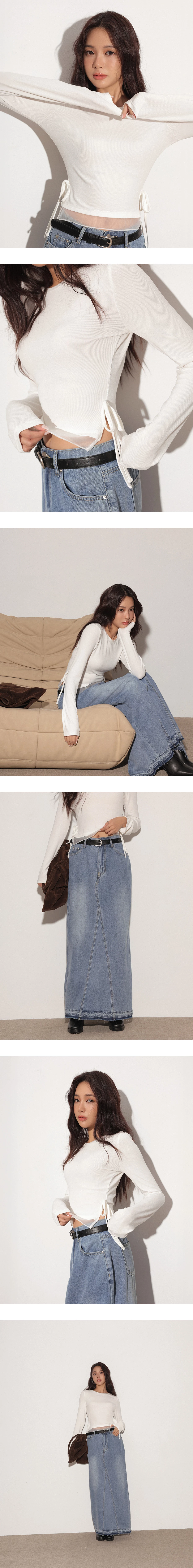 Round Neck Soft Ribbed Knit Top with Side Drawstring Detail