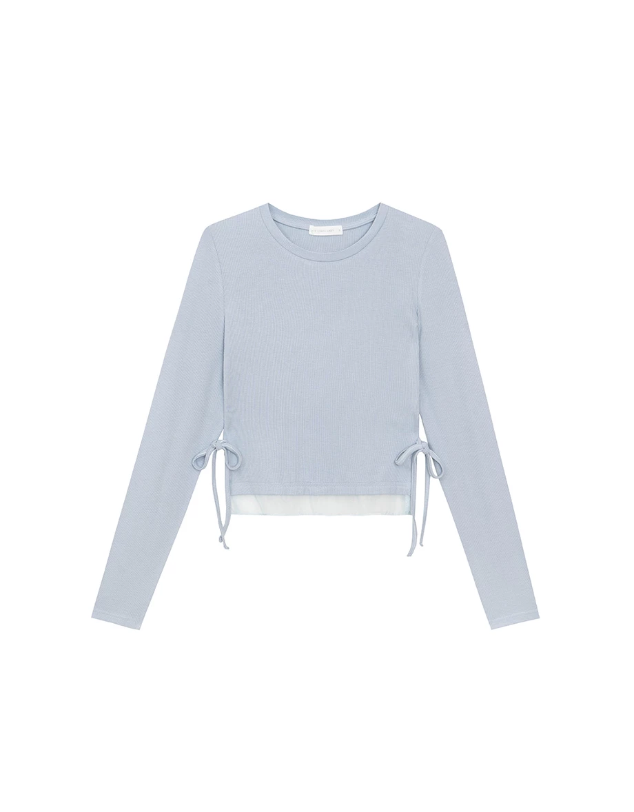 Round Neck Soft Ribbed Knit Top with Side Drawstring Detail