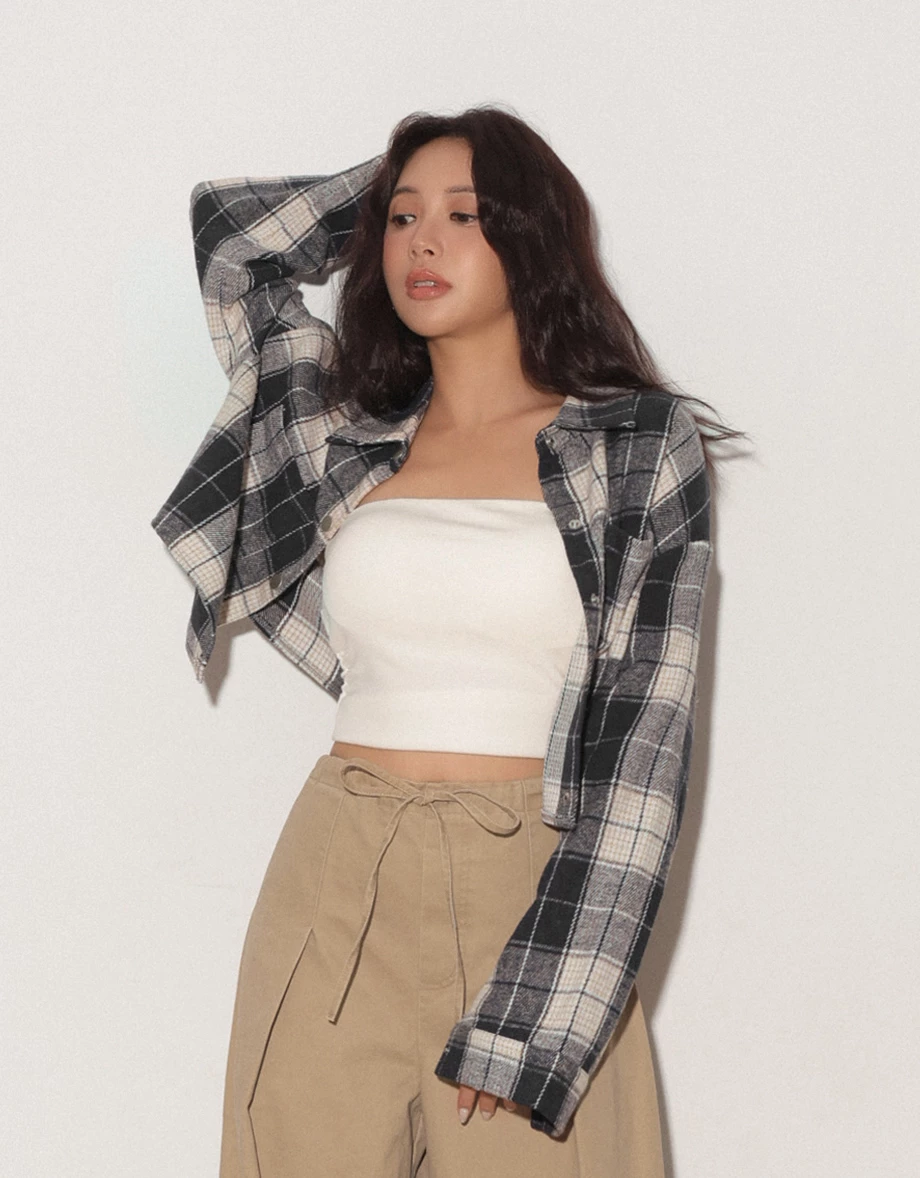 Plaid Button Down Cropped Shirt Jacket