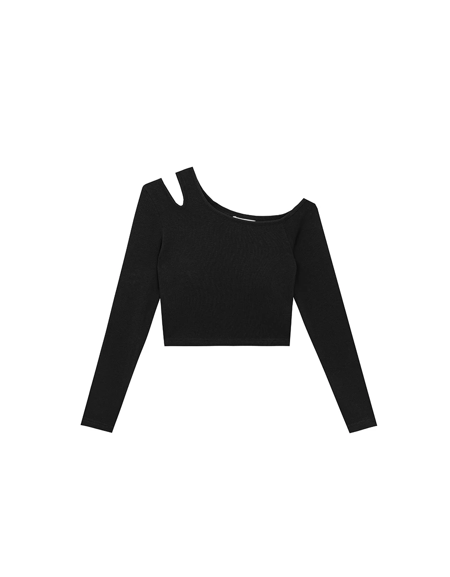 Heat Tech Cut Out Design One Shoulder Long Sleeve Crop Padded Bra Top