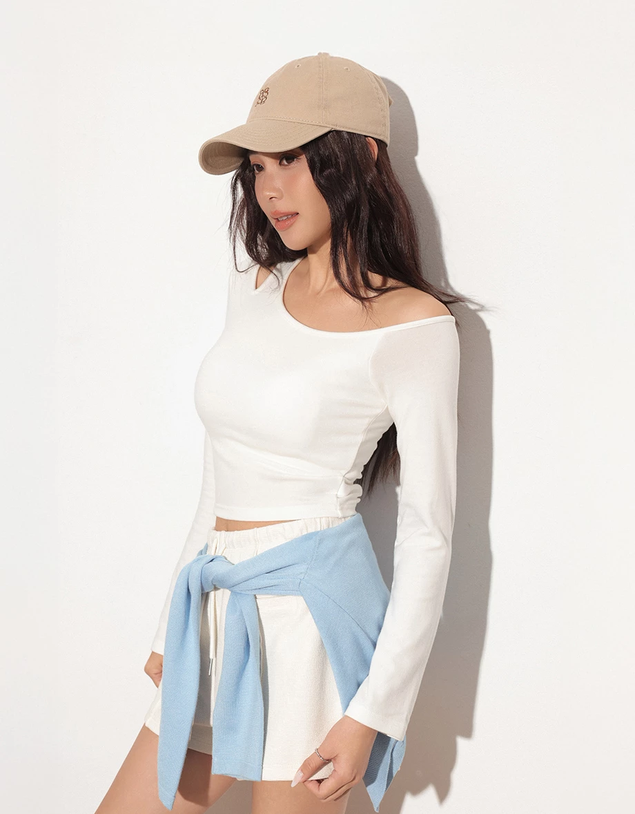 Heat Tech Cut Out Design One Shoulder Long Sleeve Crop Padded Bra Top