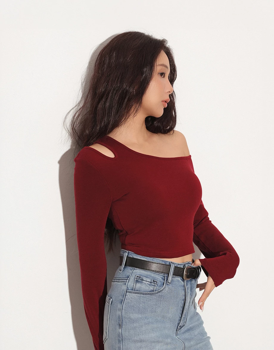 Heat Tech Cut Out Design One Shoulder Long Sleeve Crop Padded Bra Top