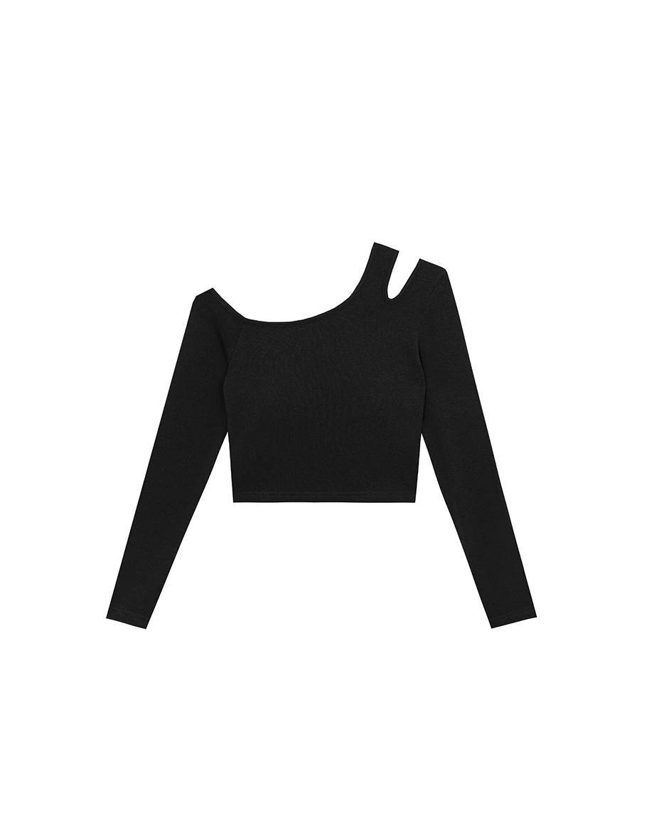 Heat Tech Cut Out Design One Shoulder Long Sleeve Crop Padded Bra Top