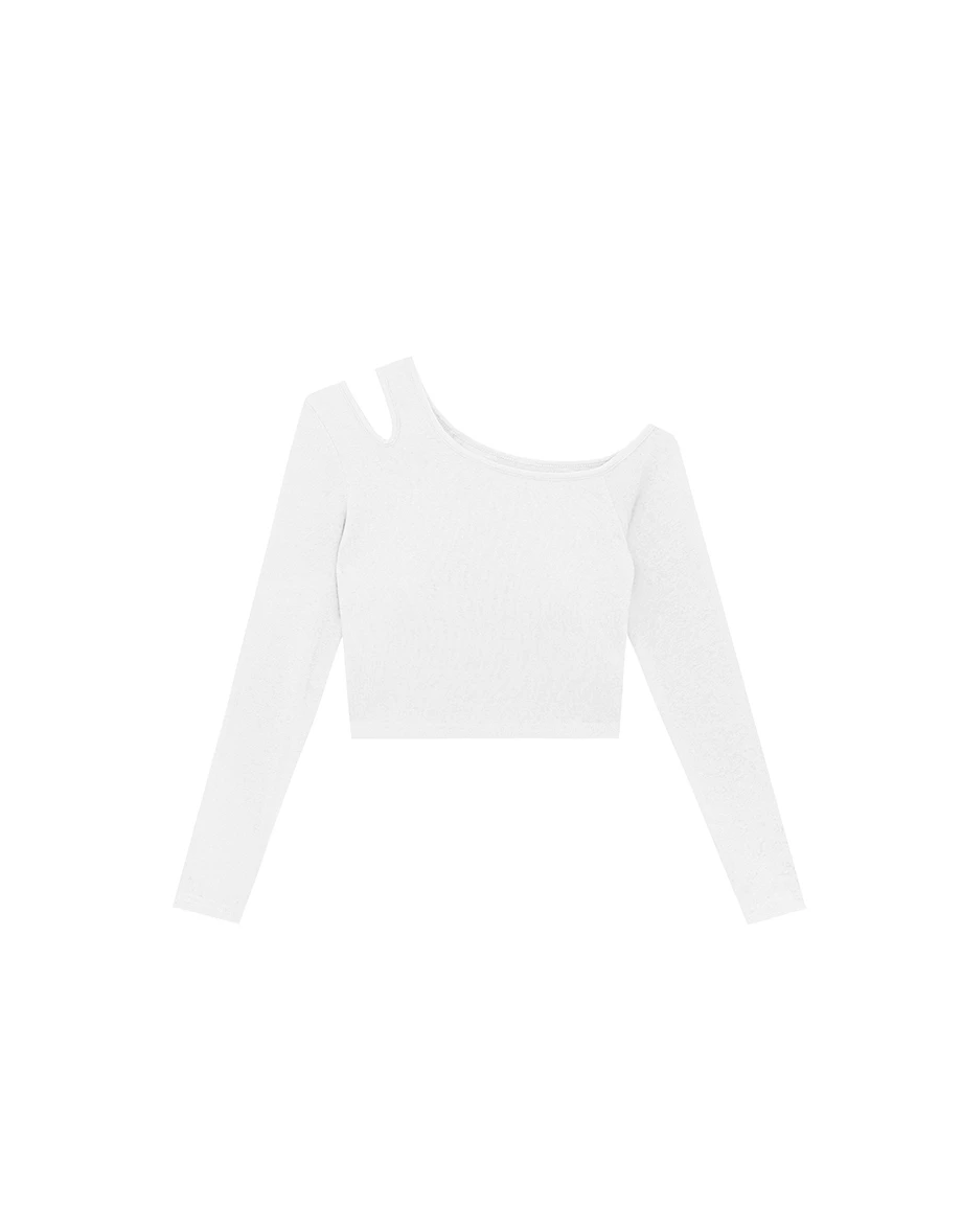 WARM↑UP薄感好身材 不對稱領單肩挖空長袖短版發熱BRA TOP