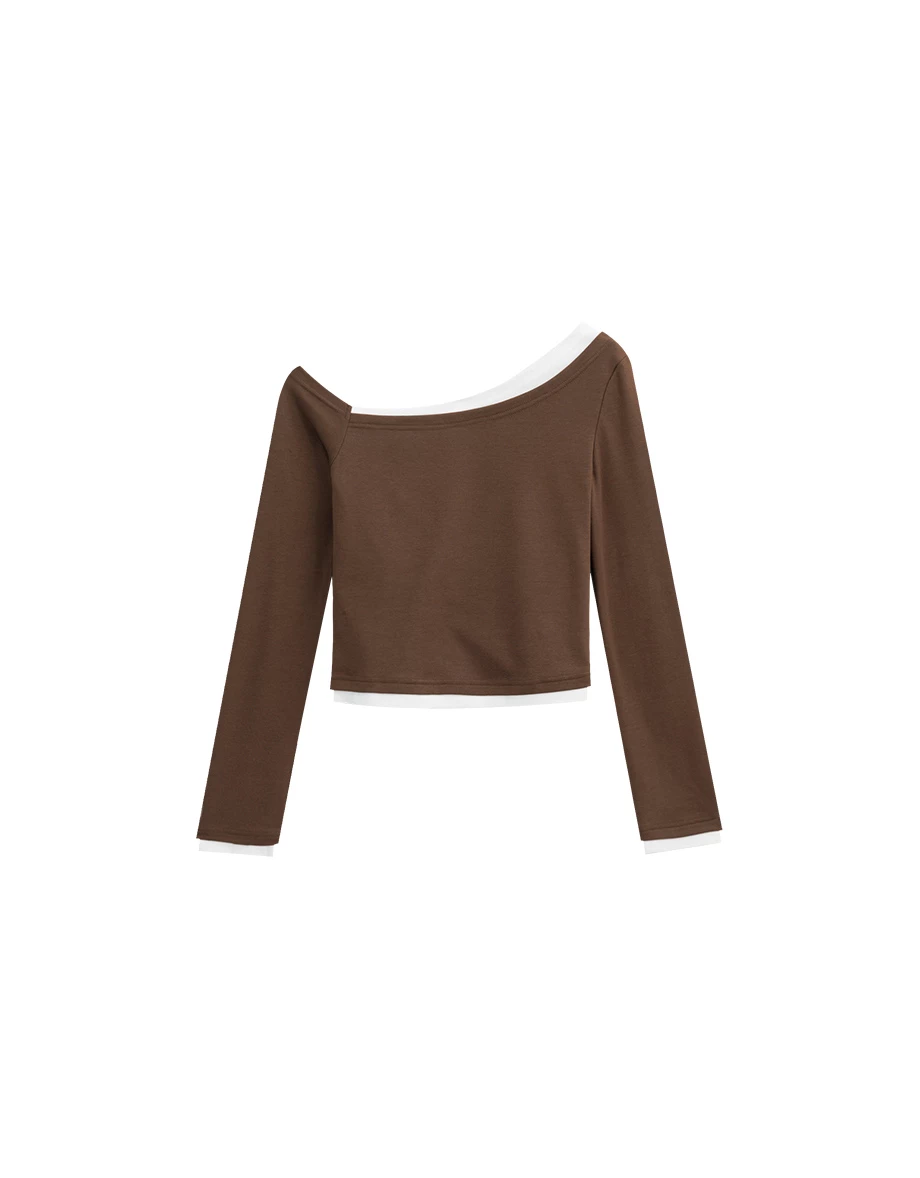 Faux 2 Piece Contrast Trim Off Shoulder Knit Long Sleeve Padded Bra Top