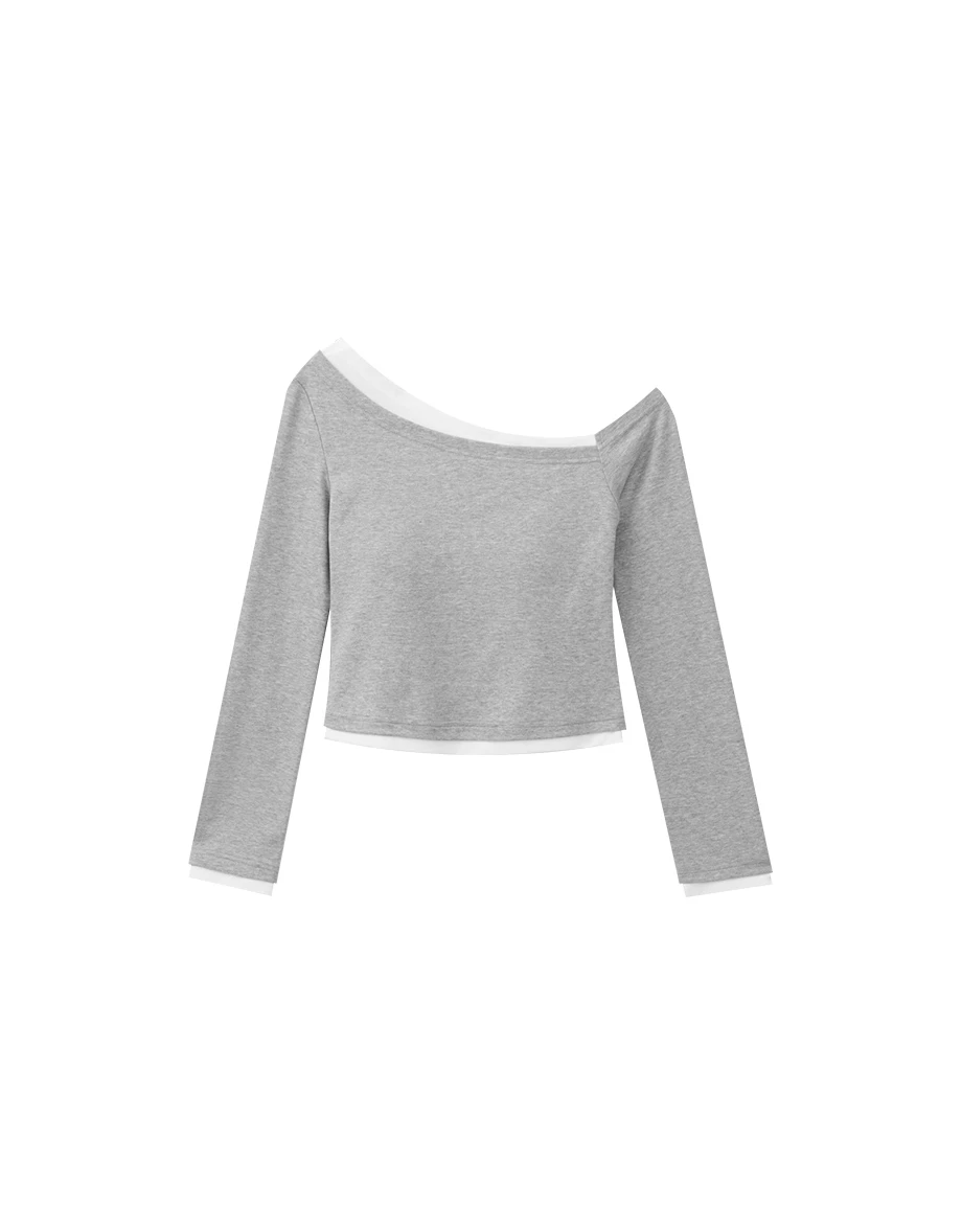 Faux 2 Piece Contrast Trim Off Shoulder Knit Long Sleeve Padded Bra Top