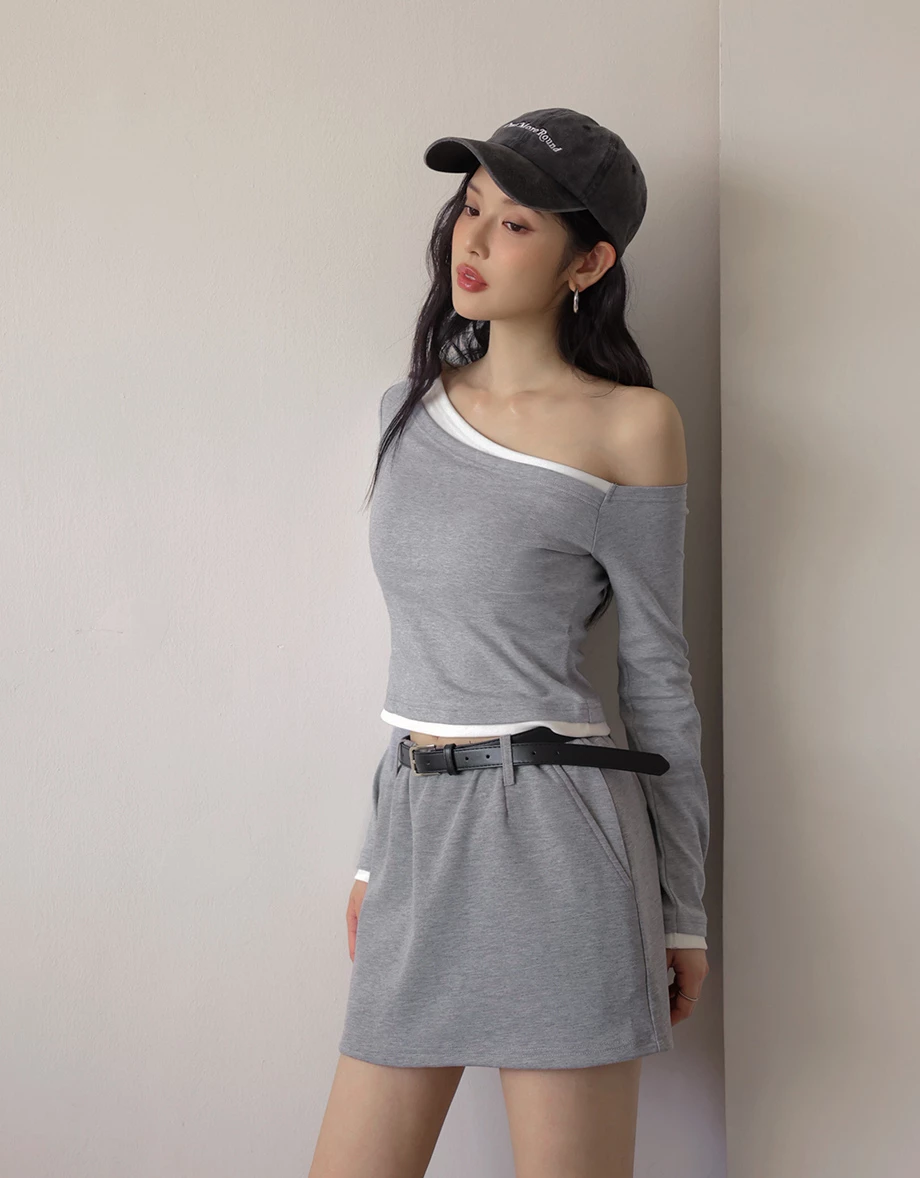 Faux 2 Piece Contrast Trim Off Shoulder Knit Long Sleeve Padded Bra Top