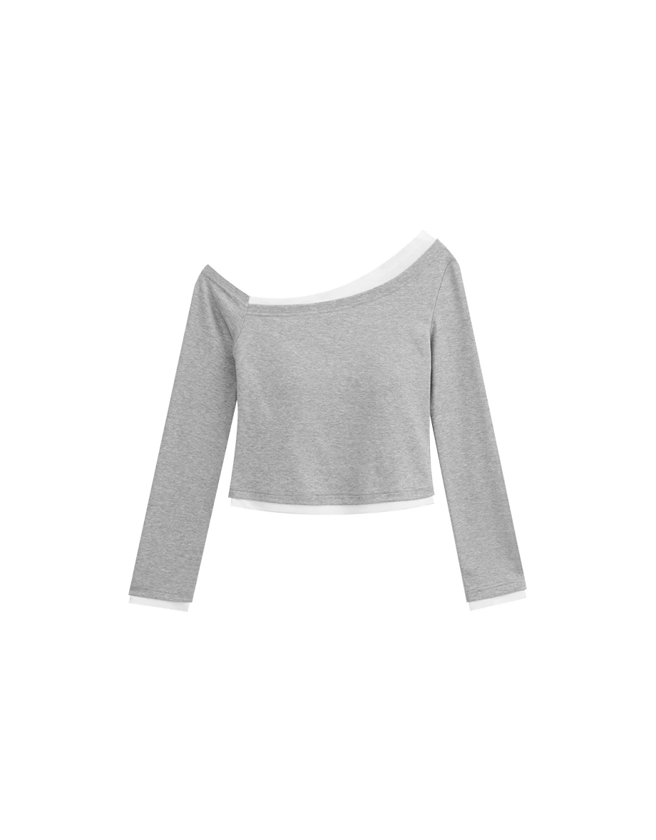 Faux 2 Piece Contrast Trim Off Shoulder Knit Long Sleeve Padded Bra Top