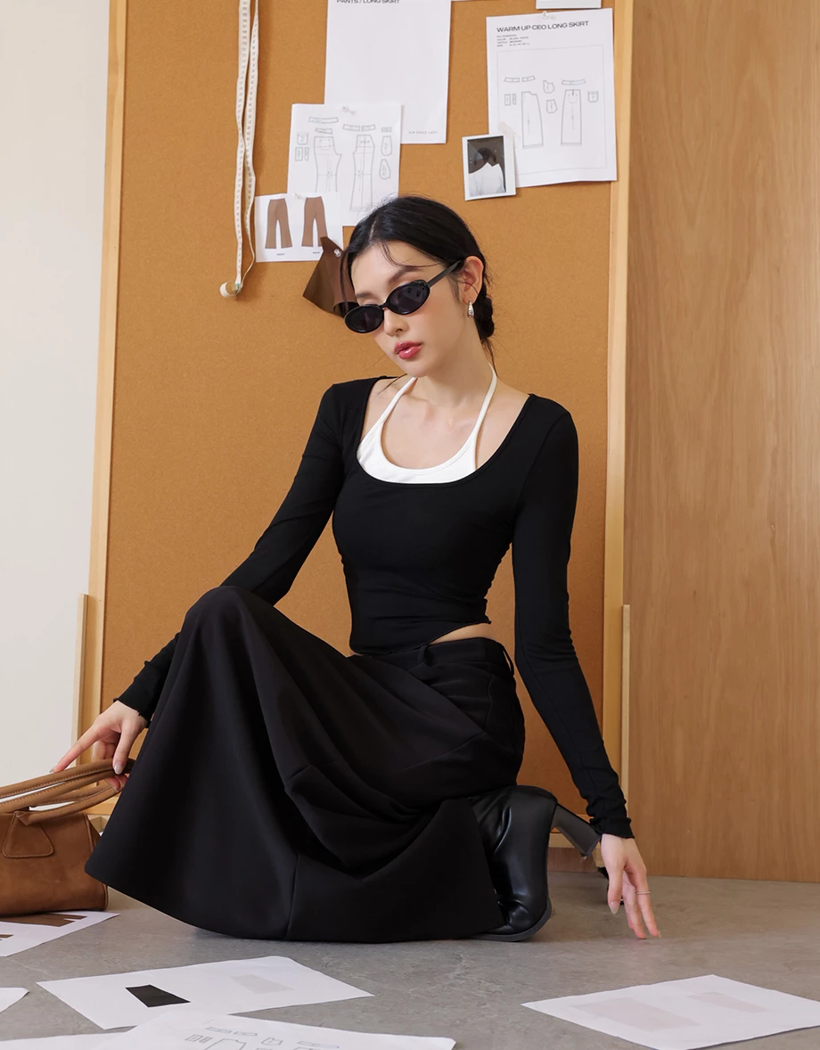 Contrast Halter Detail Faux 2 Piece Long Sleeve Padded Bra Top