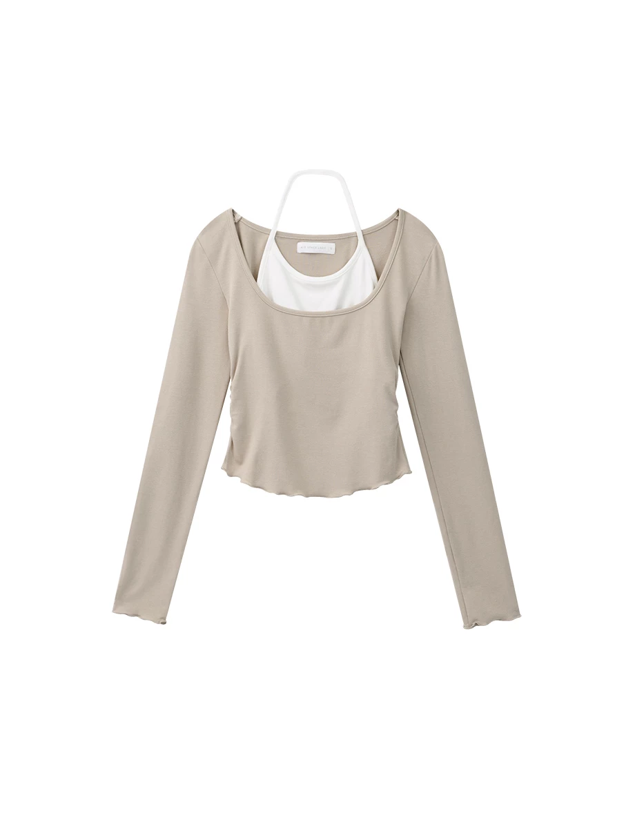 Contrast Halter Detail Faux 2 Piece Long Sleeve Padded Bra Top