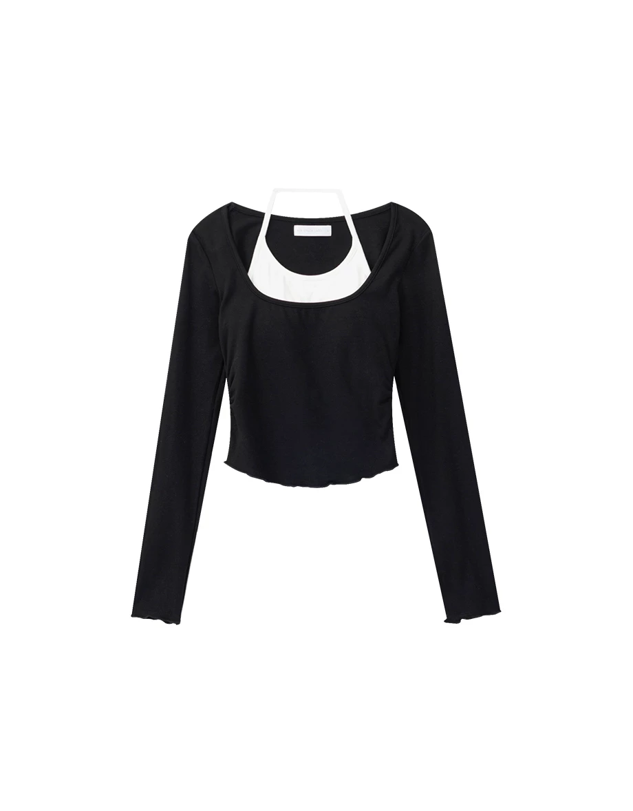 Contrast Halter Detail Faux 2 Piece Long Sleeve Padded Bra Top