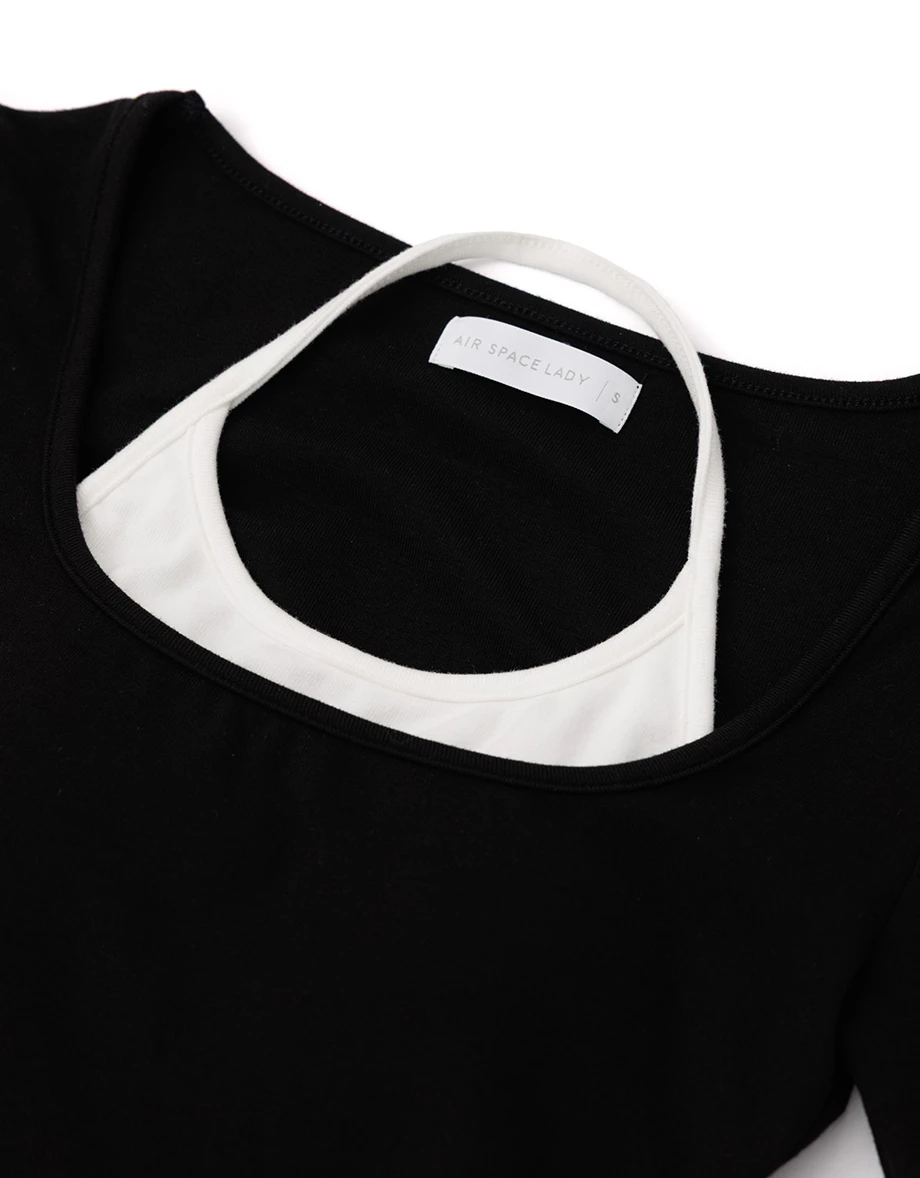 Contrast Halter Detail Faux 2 Piece Long Sleeve Padded Bra Top