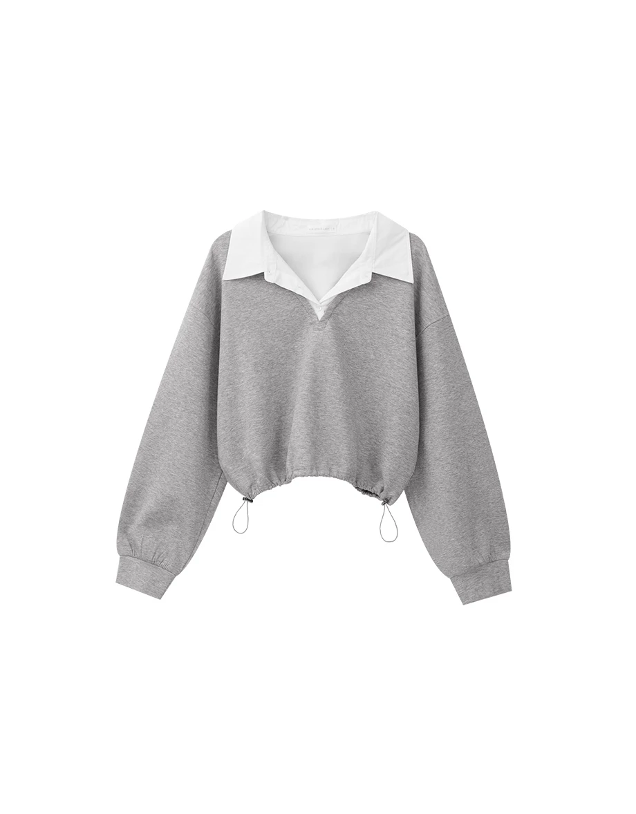 Faux 2 Piece Contrast Collar Drawstring Hem Sweatshirt