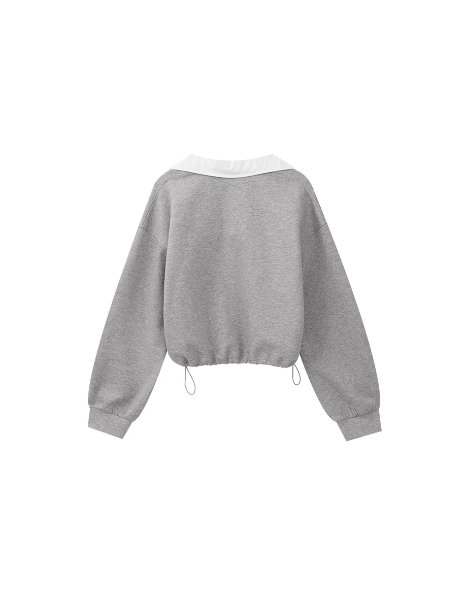 Faux 2 Piece Contrast Collar Drawstring Hem Sweatshirt