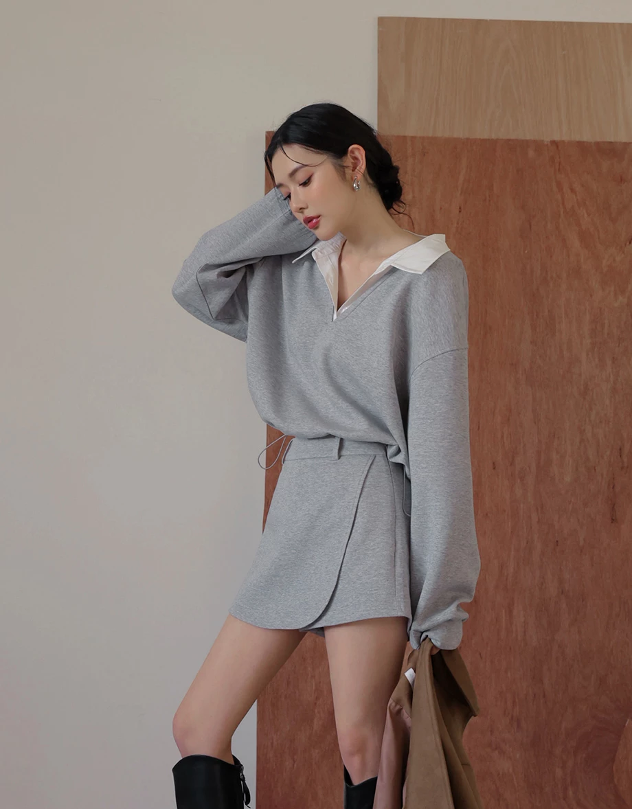 Faux 2 Piece Contrast Collar Drawstring Hem Sweatshirt