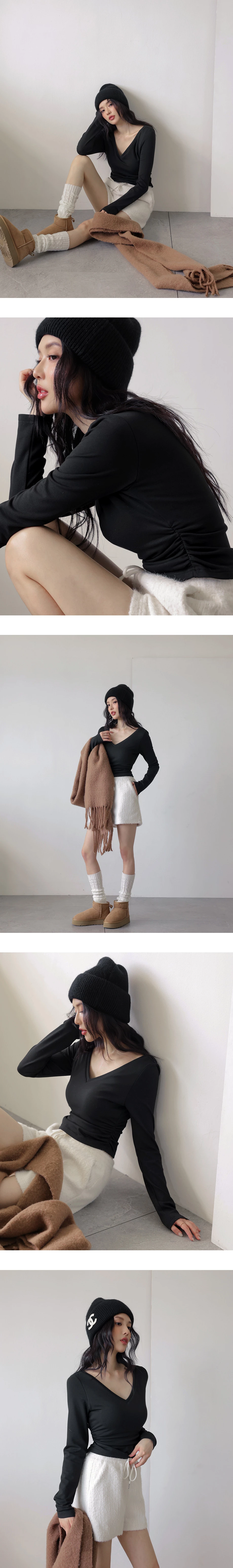 【Heat Tech】Ruched Side V Neck Fitted Long Sleeve Padded Bra Top 【Heat Tech】Ruched Side V Neck Fitted Long Sleeve Padded Bra Top