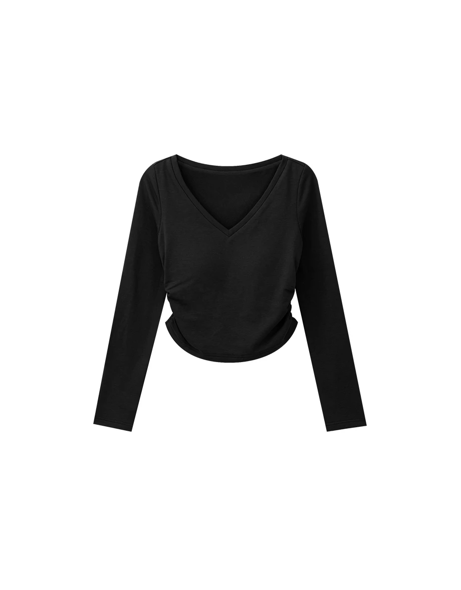 【Heat Tech】Ruched Side V Neck Fitted Long Sleeve Padded Bra Top 【Heat Tech】Ruched Side V Neck Fitted Long Sleeve Padded Bra Top