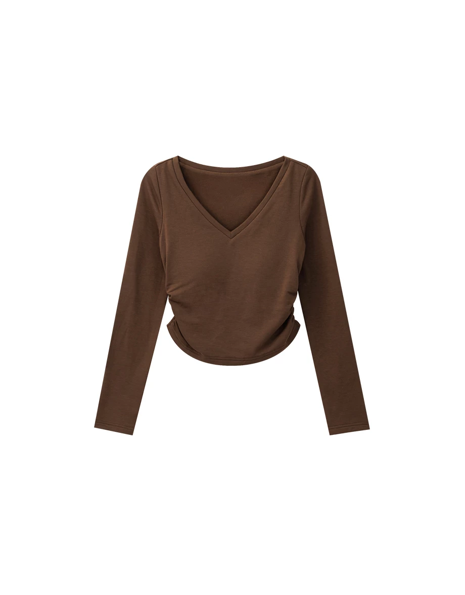 【Heat Tech】Ruched Side V Neck Fitted Long Sleeve Padded Bra Top 【Heat Tech】Ruched Side V Neck Fitted Long Sleeve Padded Bra Top