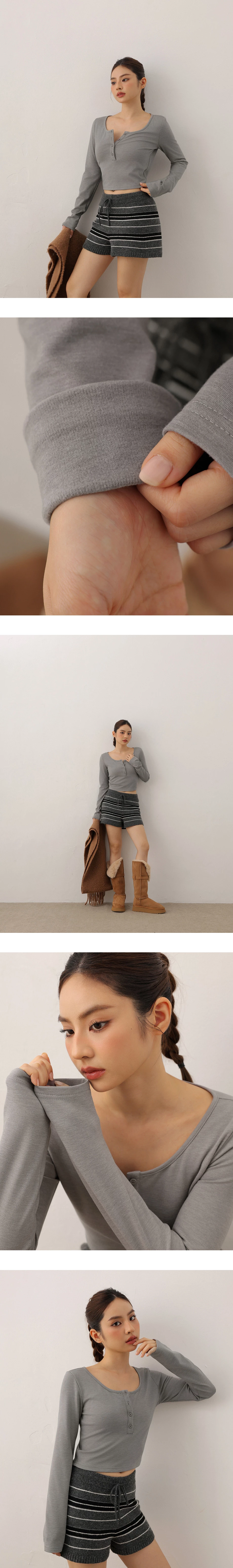 【Heat Tech】Basic Button Front Scoop Neck Cropped Long Sleeve Top 【Heat Tech】Basic Button Front Scoop Neck Cropped Long Sleeve Top