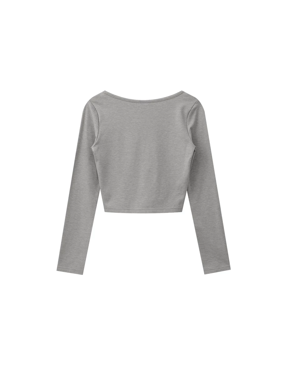 【Heat Tech】Basic Button Front Scoop Neck Cropped Long Sleeve Top 【Heat Tech】Basic Button Front Scoop Neck Cropped Long Sleeve Top