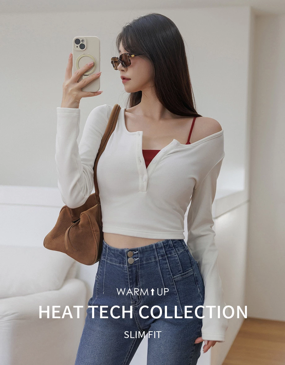 【Heat Tech】Basic Button Front Scoop Neck Cropped Long Sleeve Top