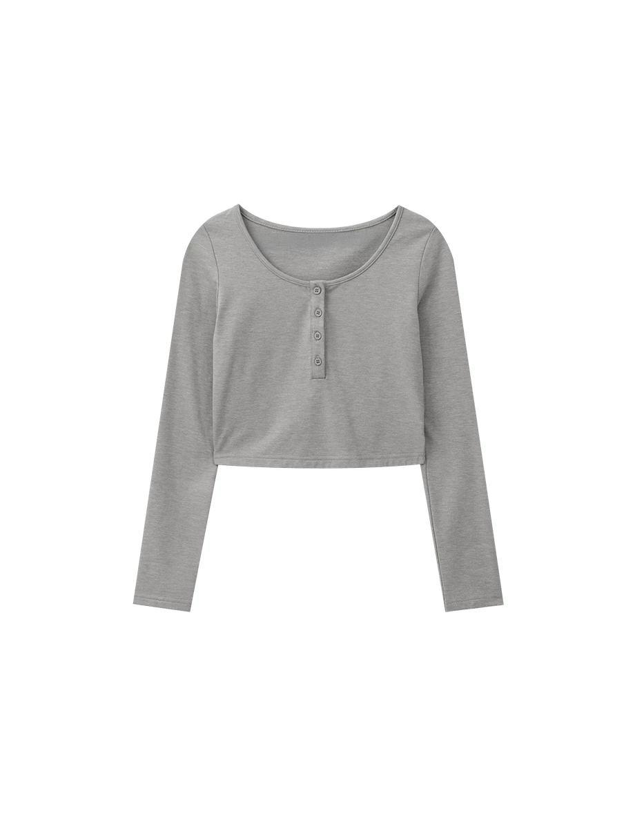 【Heat Tech】Basic Button Front Scoop Neck Cropped Long Sleeve Top 【Heat Tech】Basic Button Front Scoop Neck Cropped Long Sleeve Top