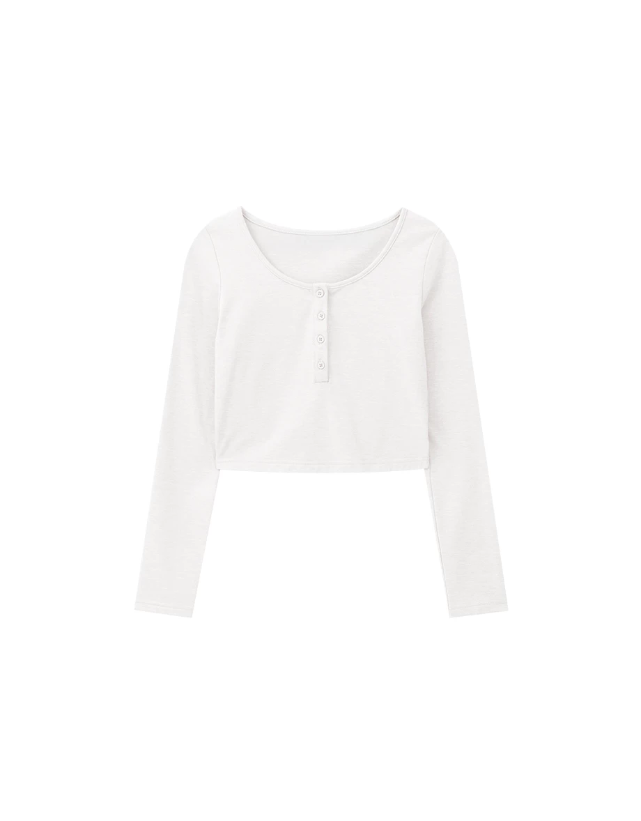 【Heat Tech】Basic Button Front Scoop Neck Cropped Long Sleeve Top