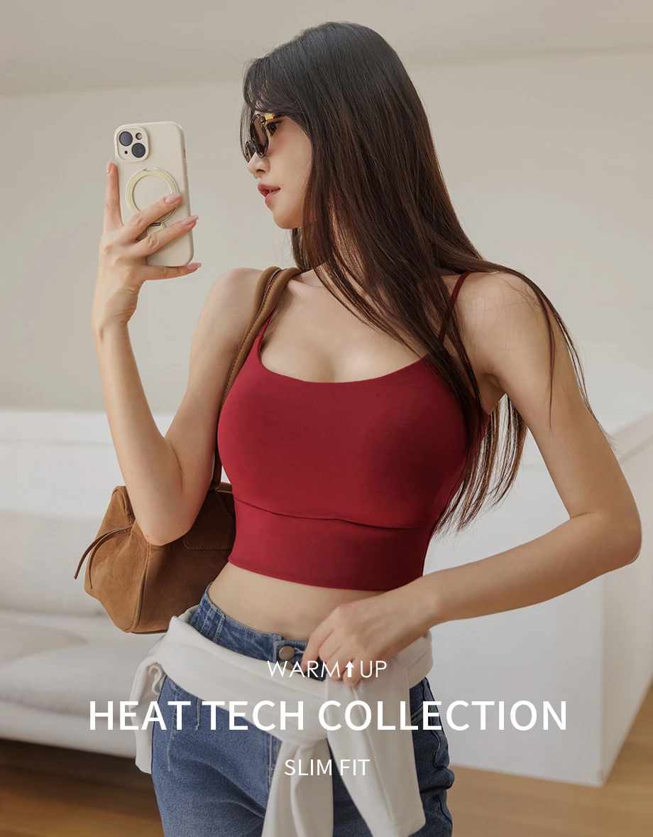 【Heat Tech】Basic Soft Stretch Spaghetti Strap Fitted Camisole Bra Top 【Heat Tech】Basic Soft Stretch Spaghetti Strap Fitted Camisole Bra Top