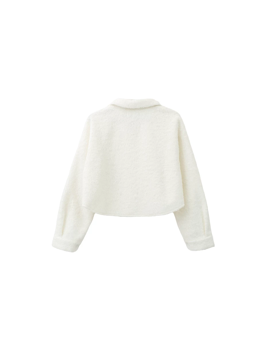 Soft Fuzzy Cropped Button Up Jacket with Classic Collar Design Soft Fuzzy Cropped Button Up Jacket with Classic Collar Design