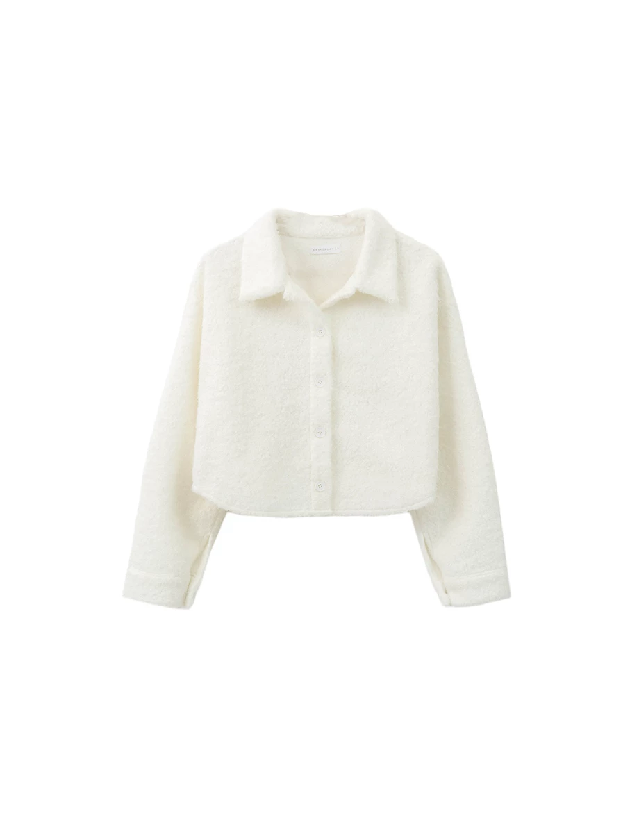 Soft Fuzzy Cropped Button Up Jacket with Classic Collar Design Soft Fuzzy Cropped Button Up Jacket with Classic Collar Design