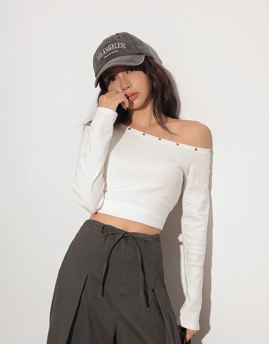 Asymmetric Off Shoulder Studded Fitted Top