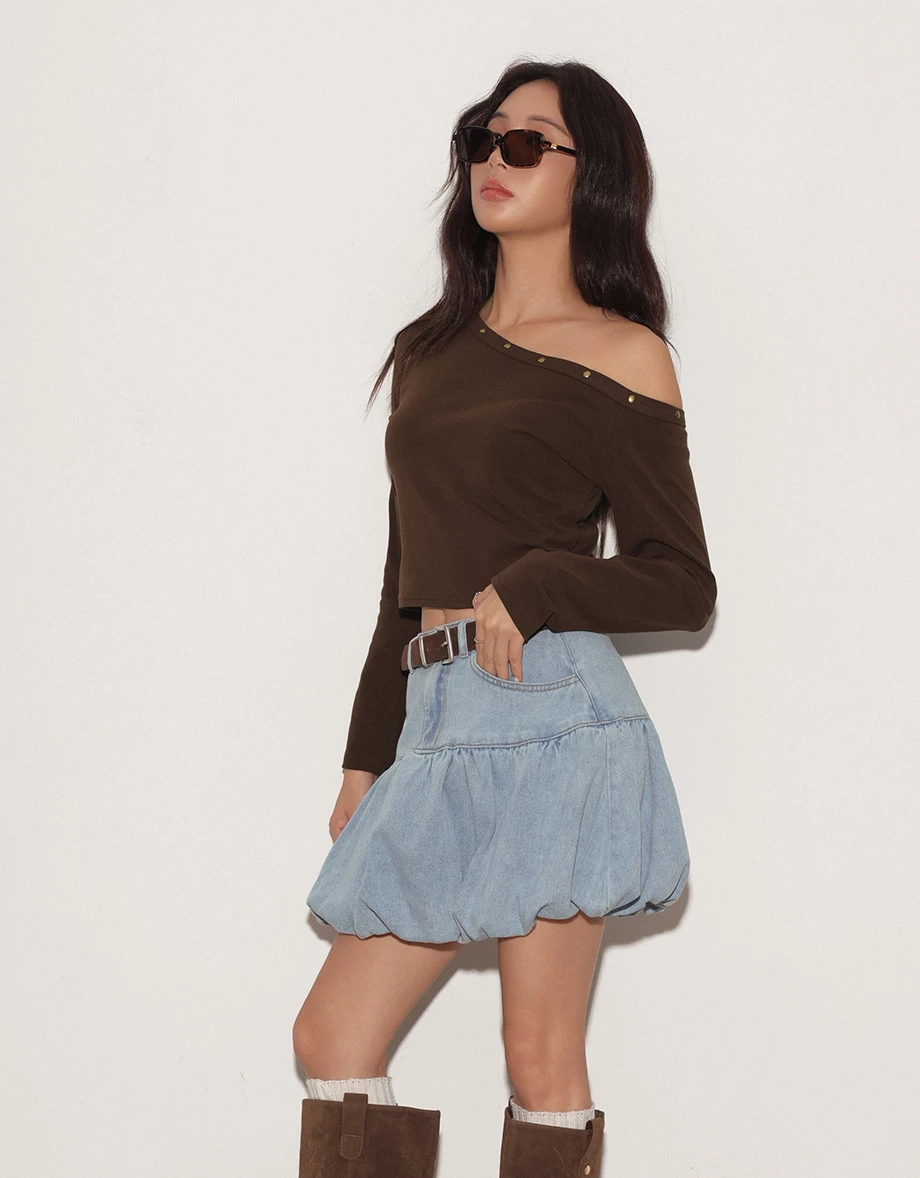 Asymmetric Off Shoulder Studded Fitted Top