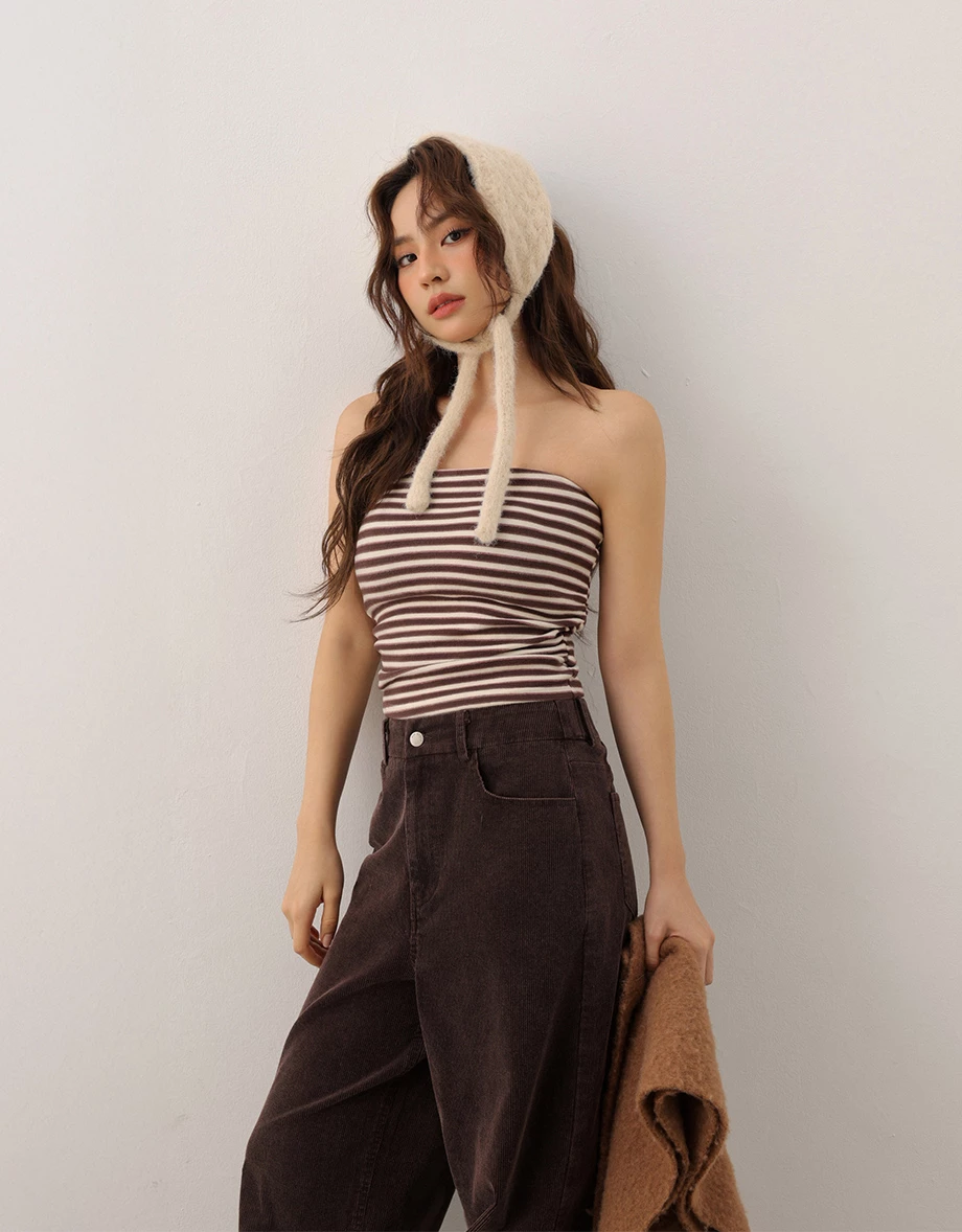 Side Ruched Strapless Striped Padded Tube Bra Top Side Ruched Strapless Striped Padded Tube Bra Top