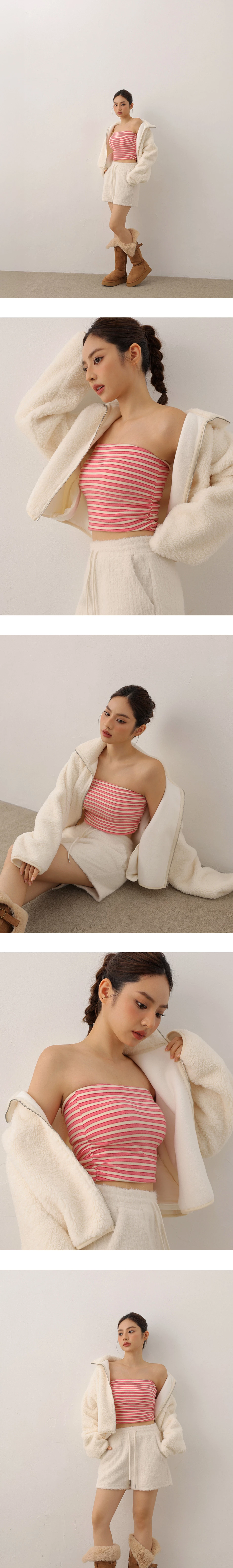 Side Ruched Strapless Striped Padded Tube Bra Top Side Ruched Strapless Striped Padded Tube Bra Top