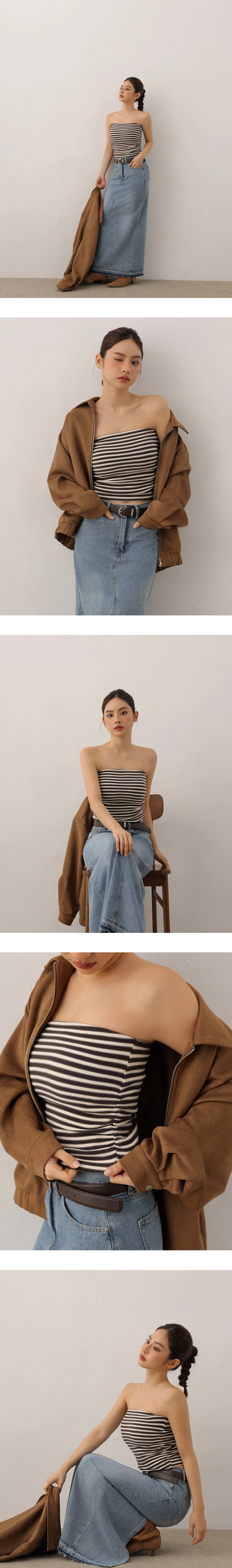 Side Ruched Strapless Striped Padded Tube Bra Top