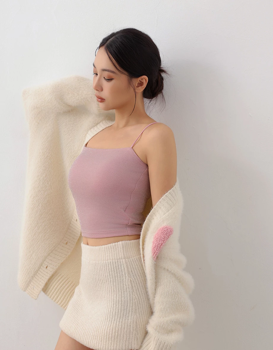 Soft Shimmer Spaghetti Strap Cropped Padded Camisole Bra Top