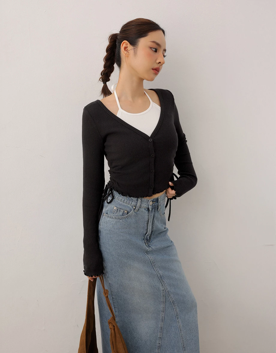 Fauce 2 Piece Lettuce Hem Ruched Side Drawstring Cardigan Fauce 2 Piece Lettuce Hem Ruched Side Drawstring Cardigan