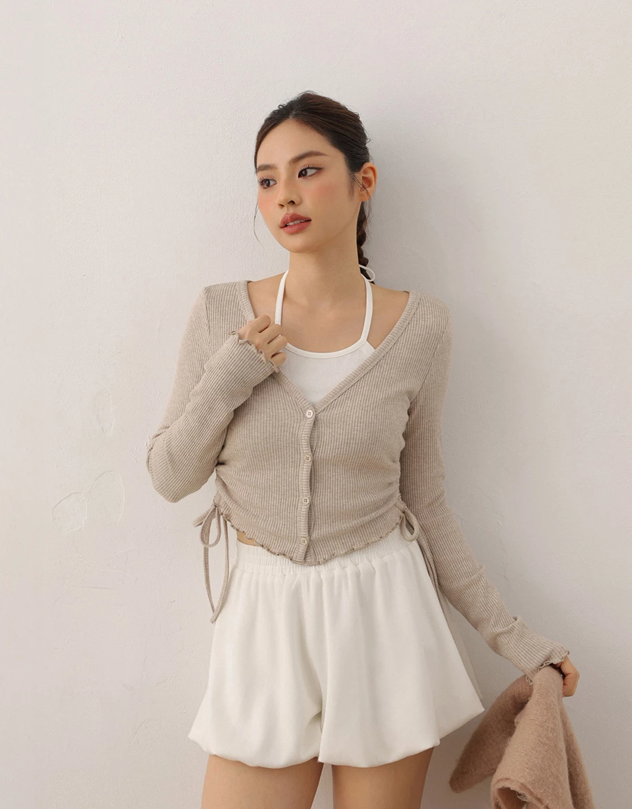 Fauce 2 Piece Lettuce Hem Ruched Side Drawstring Cardigan Fauce 2 Piece Lettuce Hem Ruched Side Drawstring Cardigan