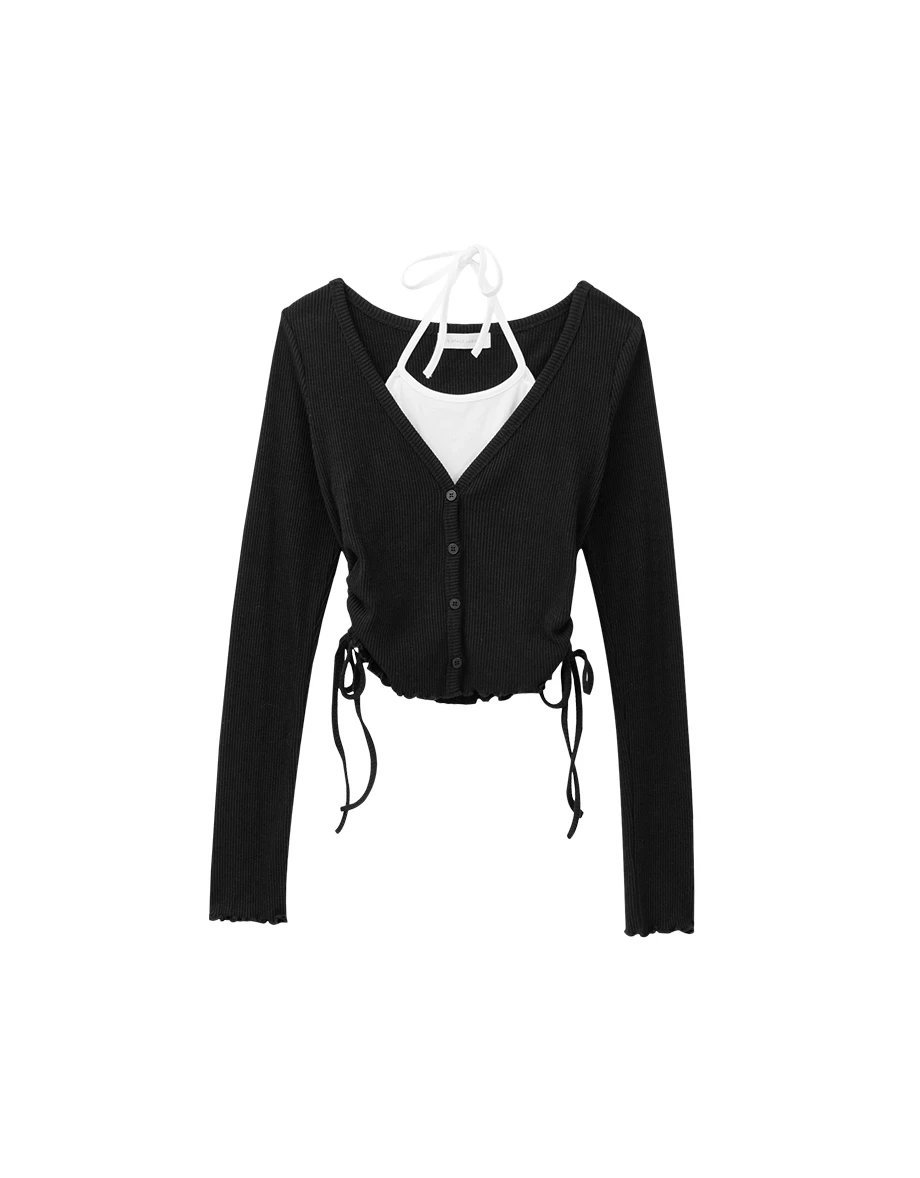 Fauce 2 Piece Lettuce Hem Ruched Side Drawstring Cardigan Fauce 2 Piece Lettuce Hem Ruched Side Drawstring Cardigan