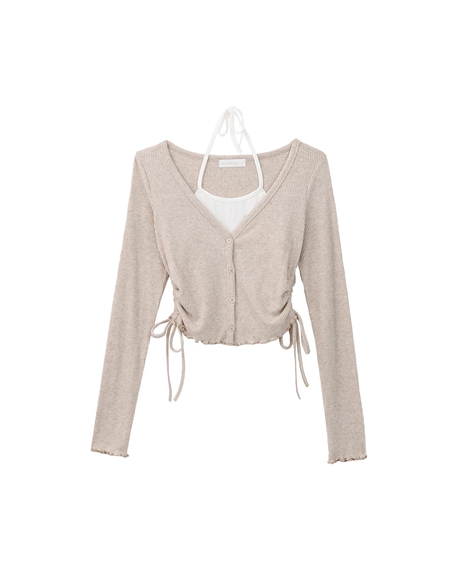 Fauce 2 Piece Lettuce Hem Ruched Side Drawstring  Cardigan