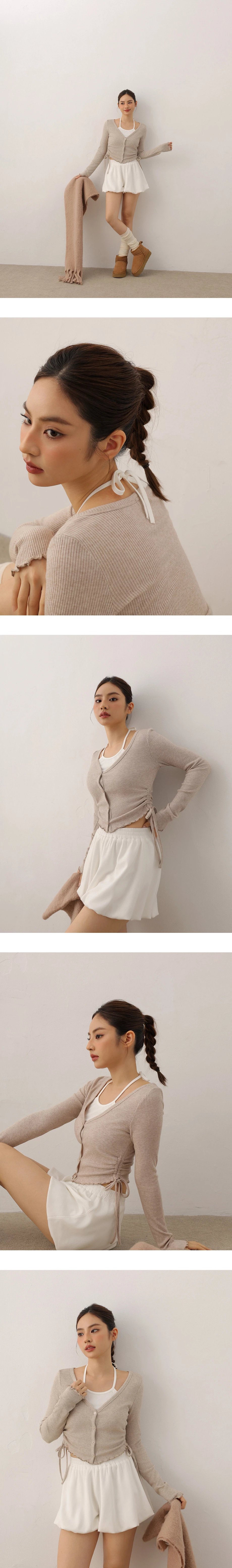 Fauce 2 Piece Lettuce Hem Ruched Side Drawstring Cardigan Fauce 2 Piece Lettuce Hem Ruched Side Drawstring Cardigan