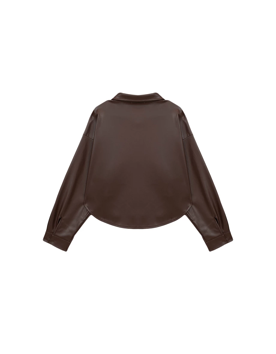 【Heat Tech】Faux Leather Cropped Button Front Shirt Jacket