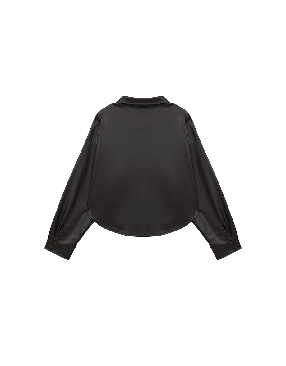 【Heat Tech】Faux Leather Cropped Button Front Shirt Jacket