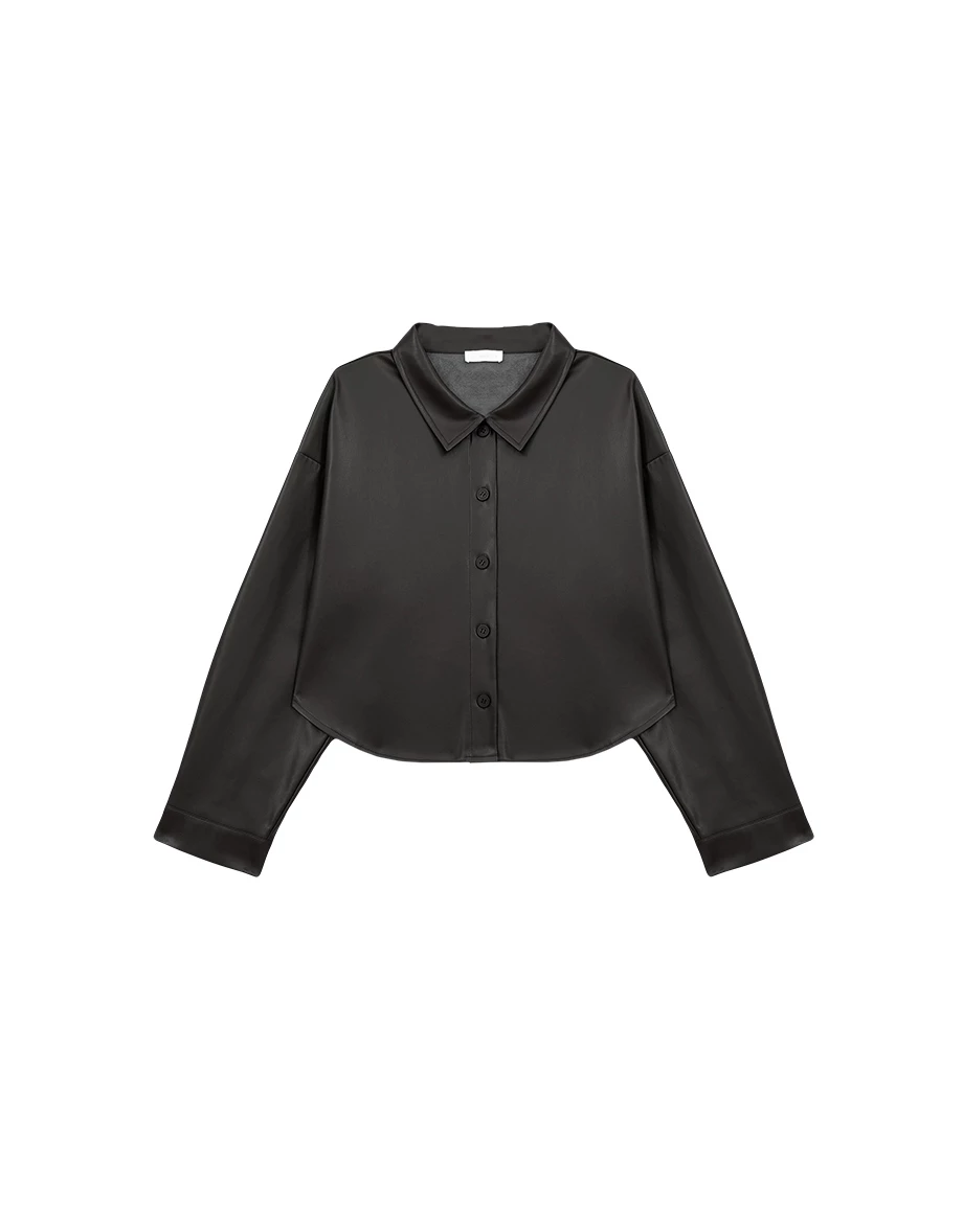 【Heat Tech】Faux Leather Cropped Button Front Shirt Jacket 【Heat Tech】Faux Leather Cropped Button Front Shirt Jacket