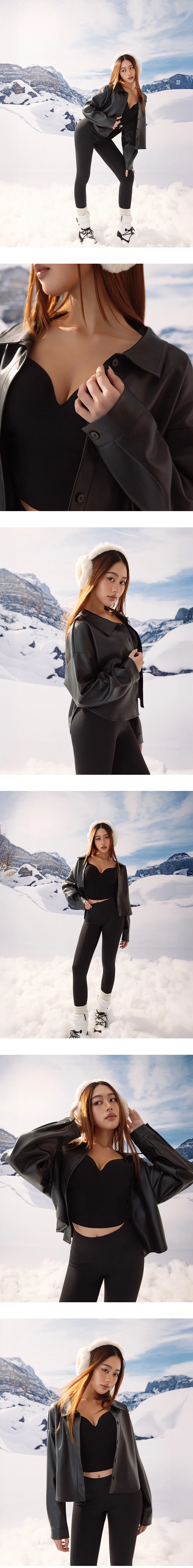 【Heat Tech】Faux Leather Cropped Button Front Shirt Jacket