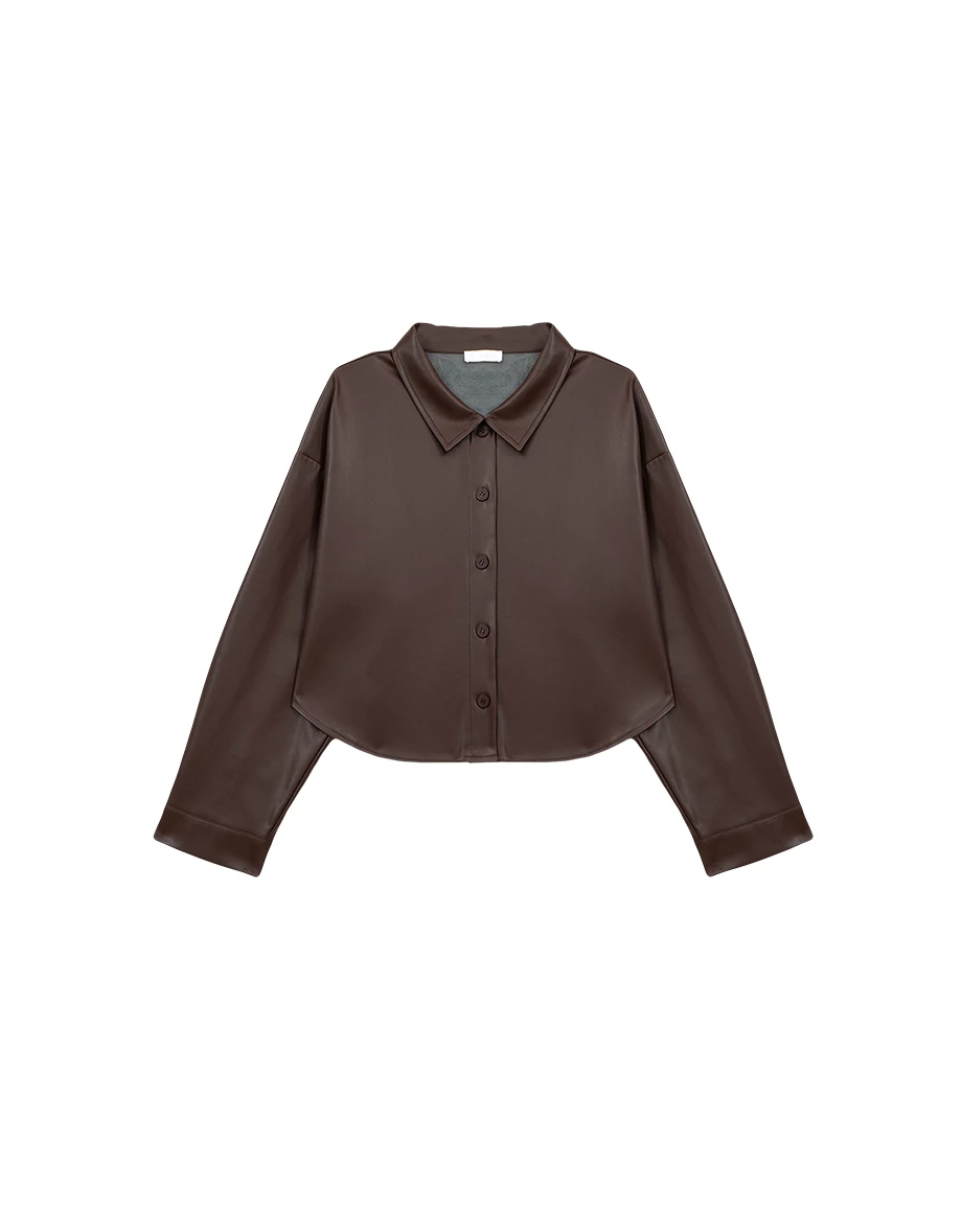 【Heat Tech】Faux Leather Cropped Button Front Shirt Jacket