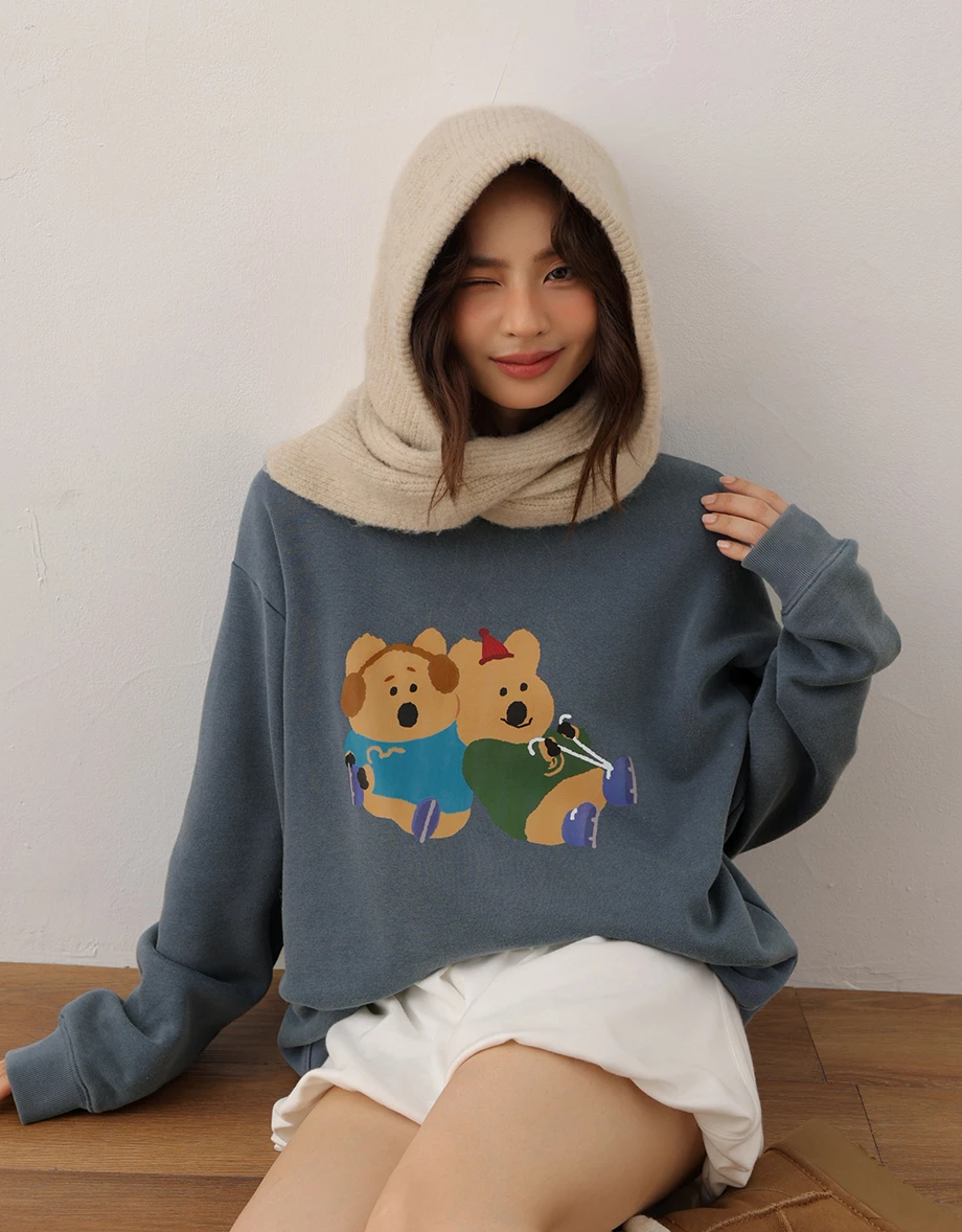 【DINOTAENG】Washed Color Print Sweatshirt With Inner Fleece 【DINOTAENG】Washed Color Print Sweatshirt With Inner Fleece
