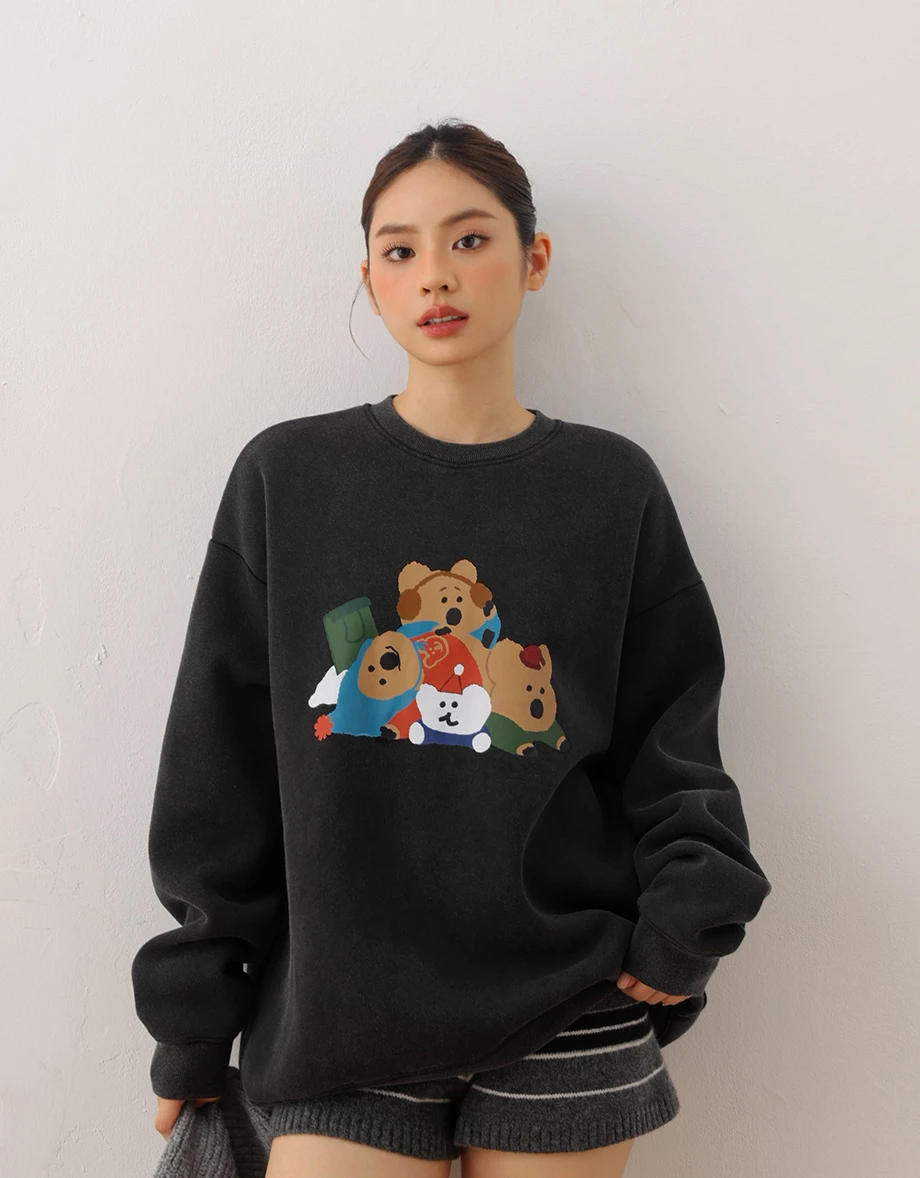 【DINOTAENG】Washed Color Print Sweatshirt With Inner Fleece 【DINOTAENG】Washed Color Print Sweatshirt With Inner Fleece